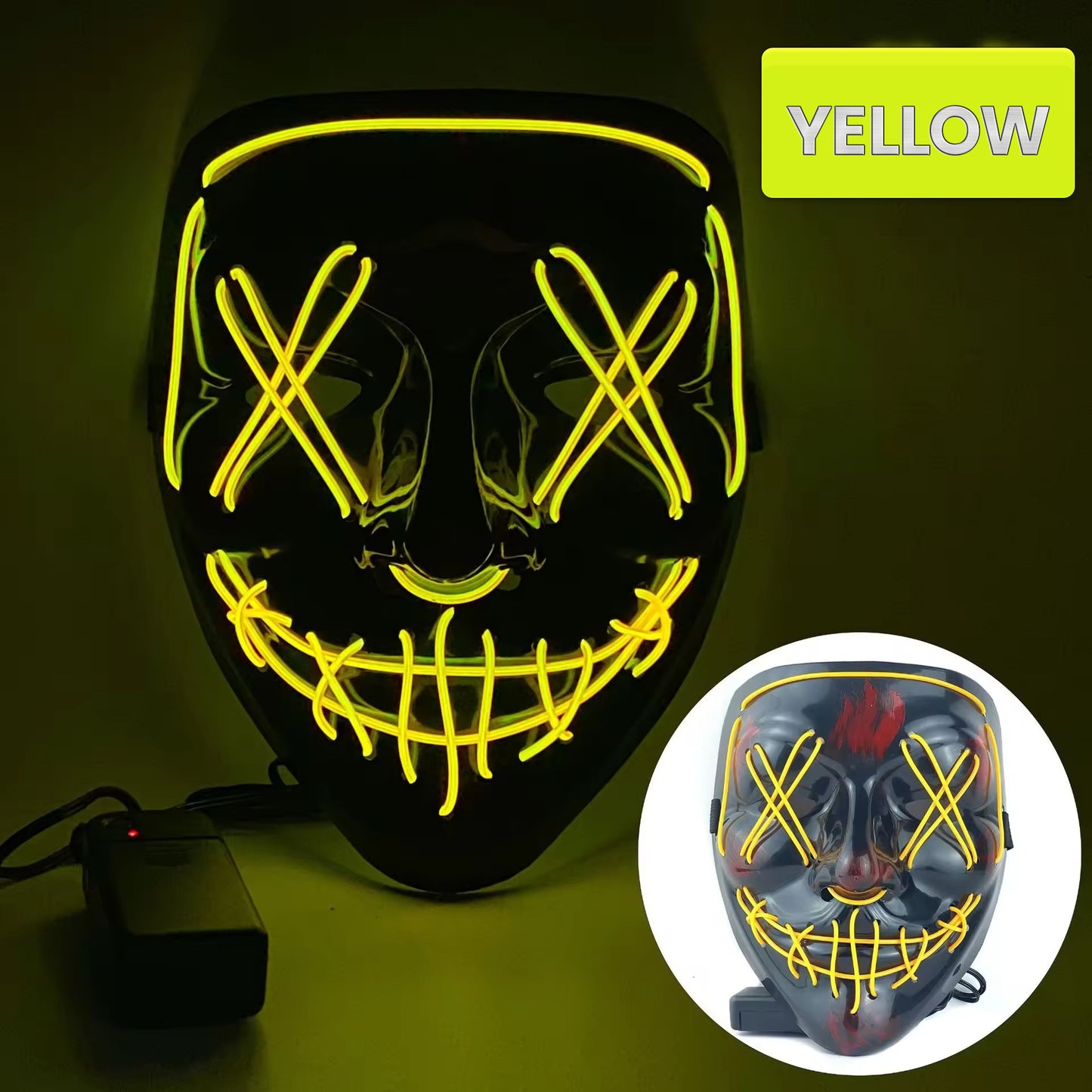 Halloween Glowing Mask, Black V-Shaped Bloody Scary LED Mask, Ghost Face, EL Fluorescent Atmosphere Prop