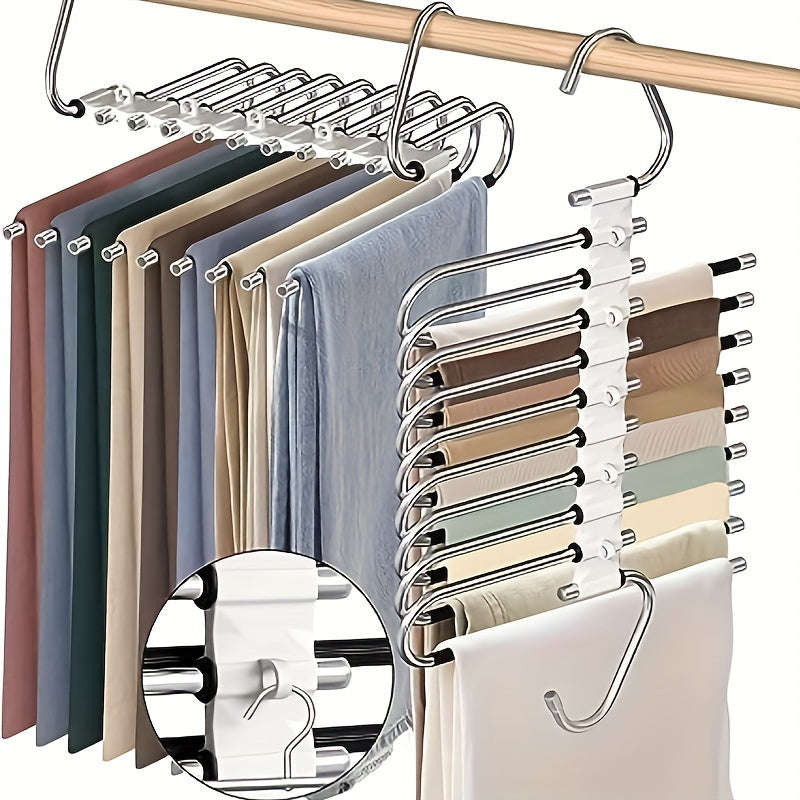 Space-saving S-shaped trouser hanger | Stainless steel non-slip design | 9-tier storage rack