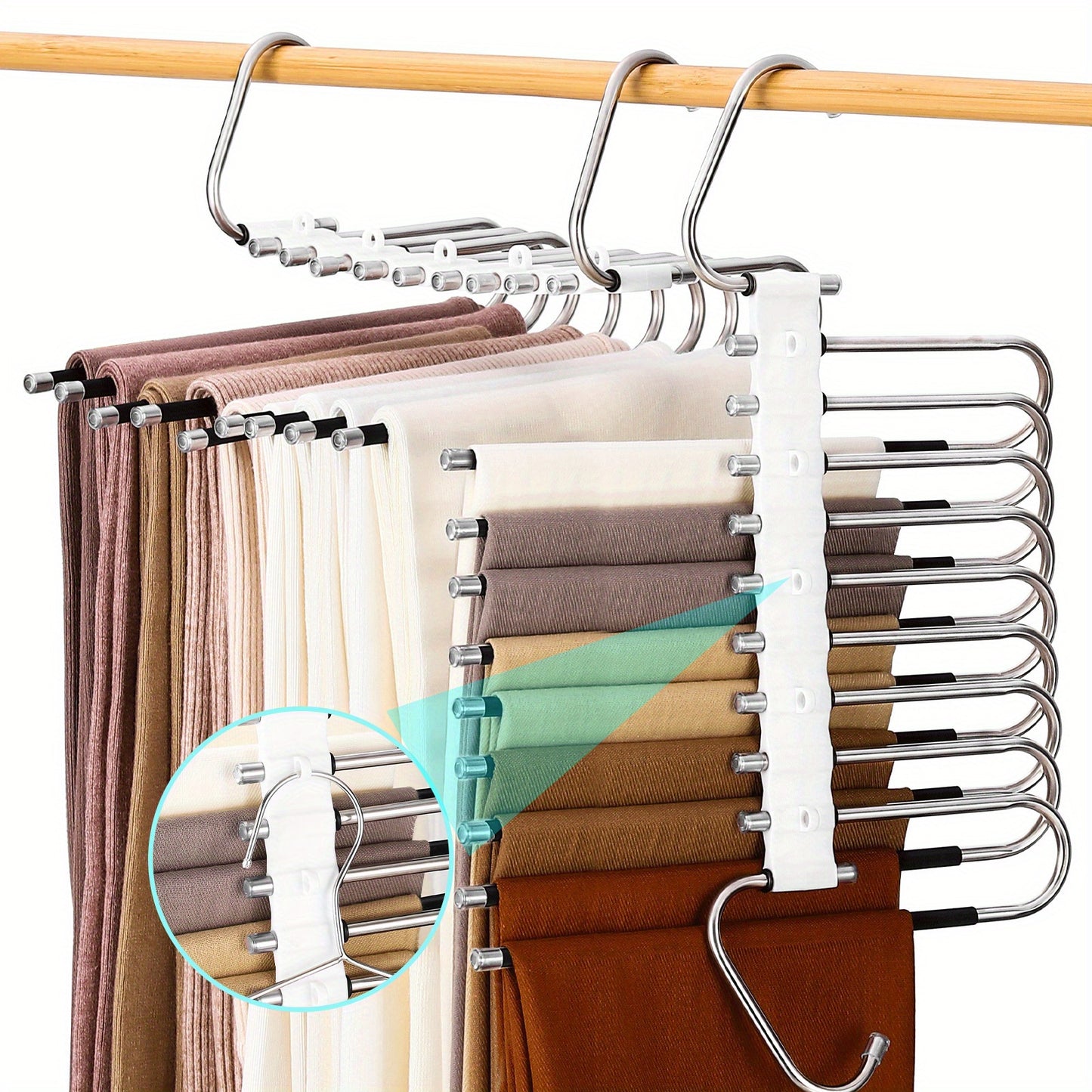 Space-saving S-shaped trouser hanger | Stainless steel non-slip design | 9-tier storage rack