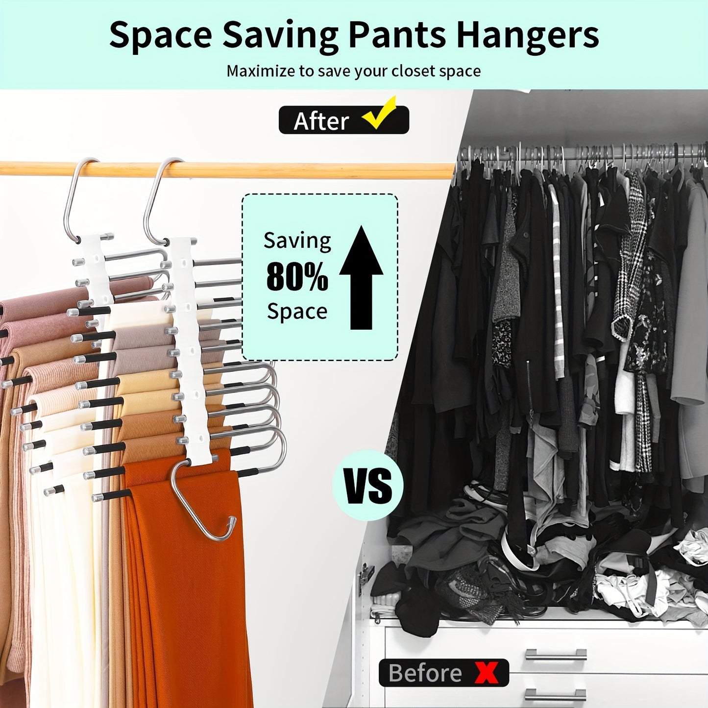 Space-saving S-shaped trouser hanger | Stainless steel non-slip design | 9-tier storage rack