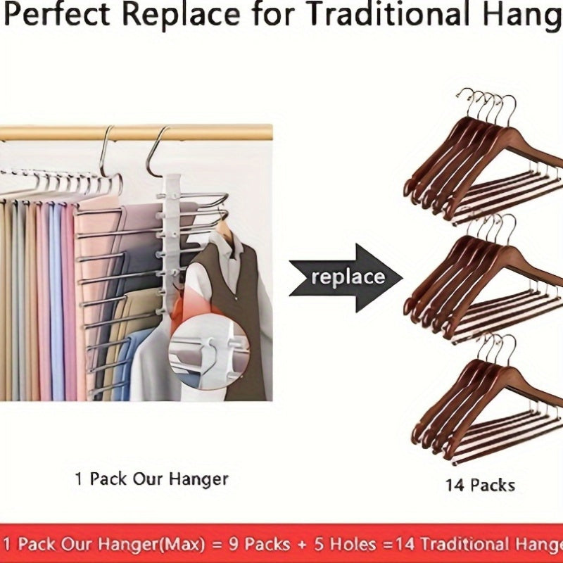 Space-saving S-shaped trouser hanger | Stainless steel non-slip design | 9-tier storage rack