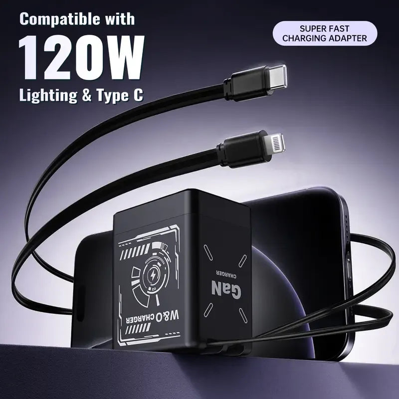 ⚡A+C Multi-Port 120W GaN Charger | Comes with a retractable cable for fast charging of all devices