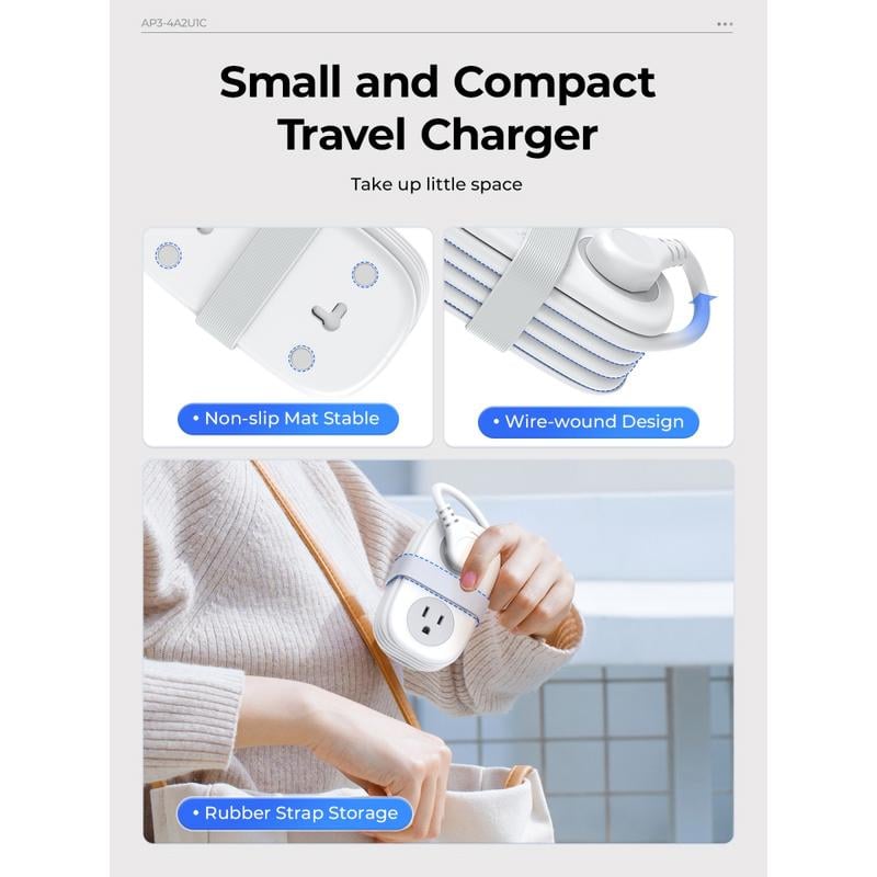 Travel Power Strip. ORICO 4 Outlets 3 USB Ports (1 USB C) with 4FT Wrapped Short Extension Cord Small Power Strip