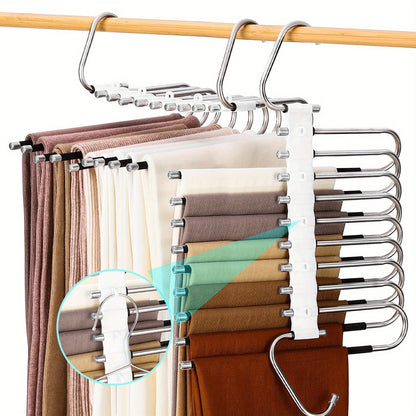 Space-saving S-shaped trouser hanger | Stainless steel non-slip design | 9-tier storage rack