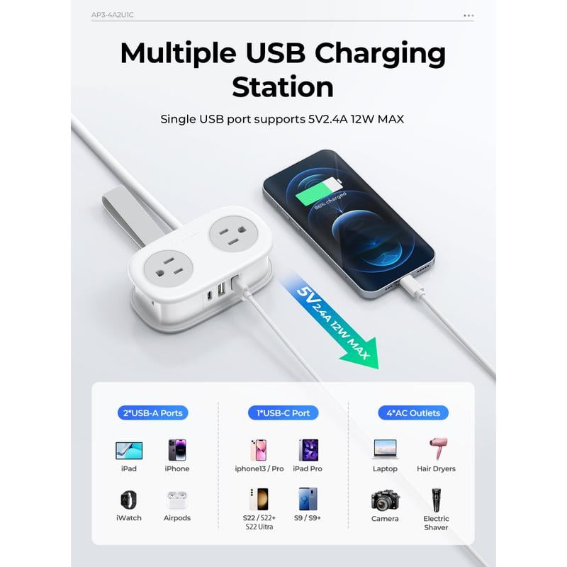 Travel Power Strip. ORICO 4 Outlets 3 USB Ports (1 USB C) with 4FT Wrapped Short Extension Cord Small Power Strip
