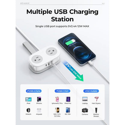 Travel Power Strip. ORICO 4 Outlets 3 USB Ports (1 USB C) with 4FT Wrapped Short Extension Cord Small Power Strip