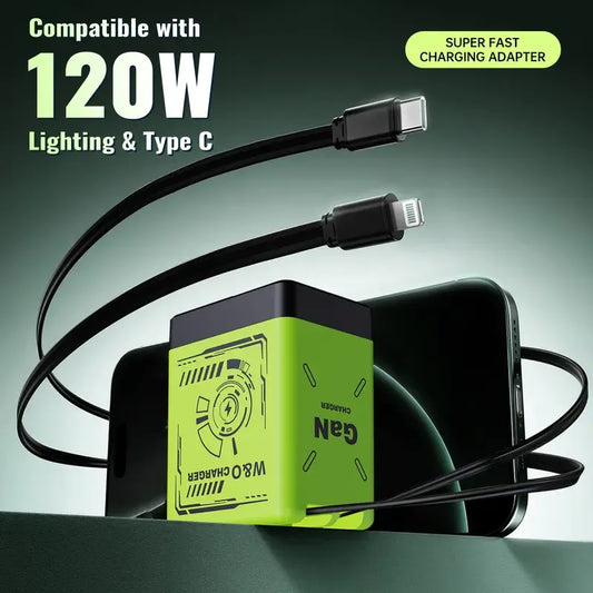 ⚡A+C Multi-Port 120W GaN Charger | Comes with a retractable cable for fast charging of all devices