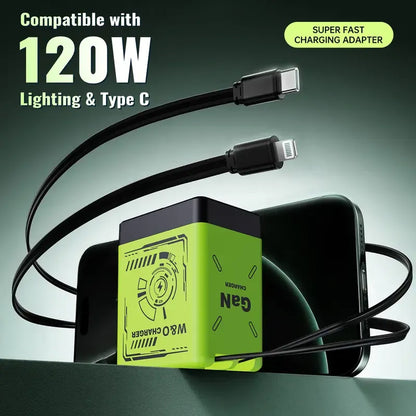 ⚡A+C Multi-Port 120W GaN Charger | Comes with a retractable cable for fast charging of all devices