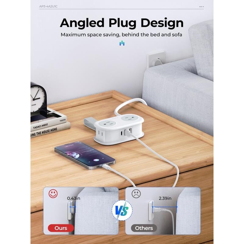 Travel Power Strip. ORICO 4 Outlets 3 USB Ports (1 USB C) with 4FT Wrapped Short Extension Cord Small Power Strip